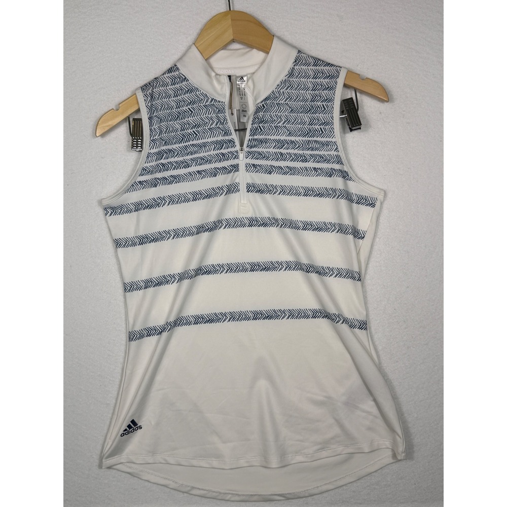 Adidas Golf Polo Shirt Womens SM White Navy Herringbone Sleeveless  Stripe NEW